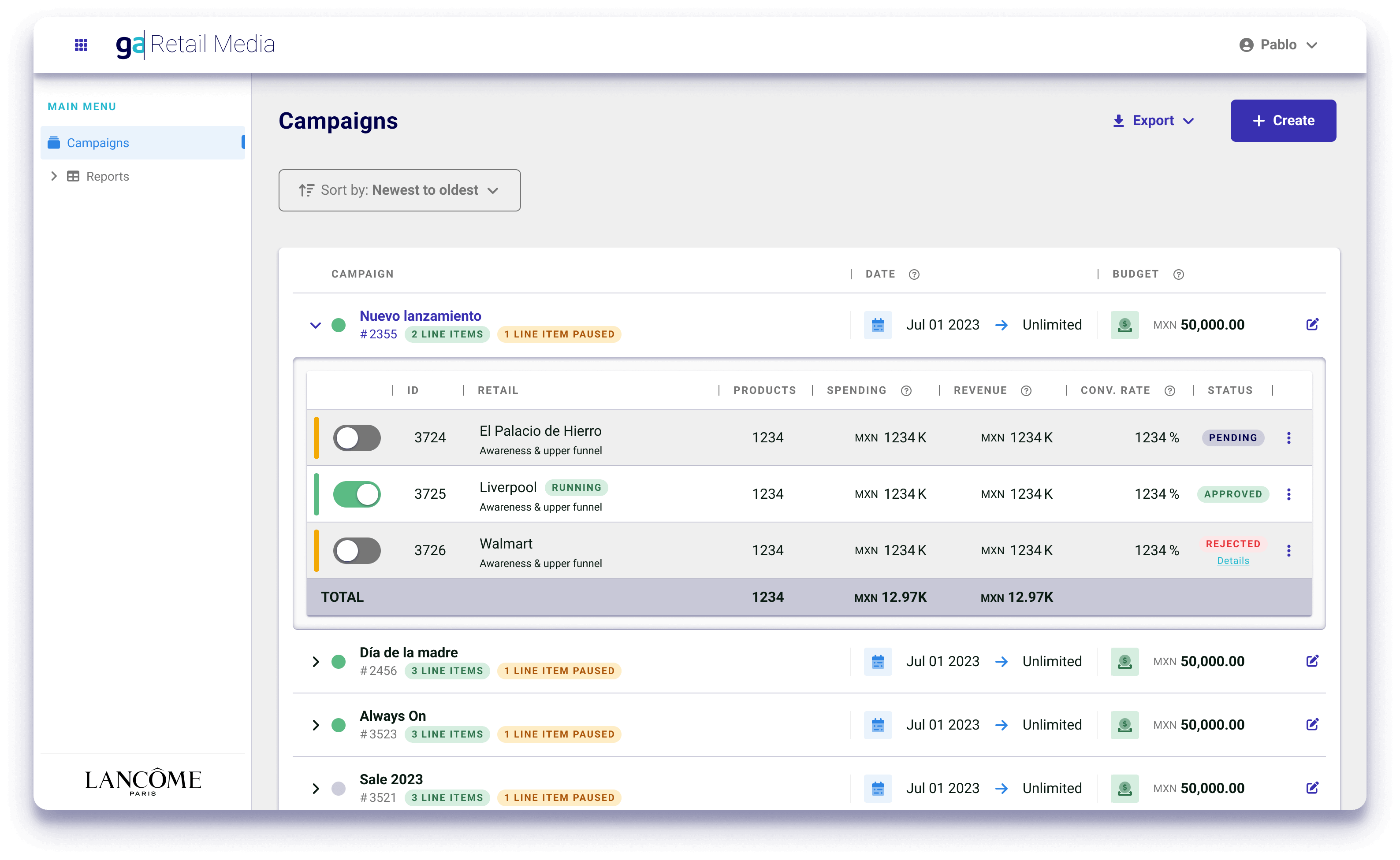 Tela de exibição de campanhas