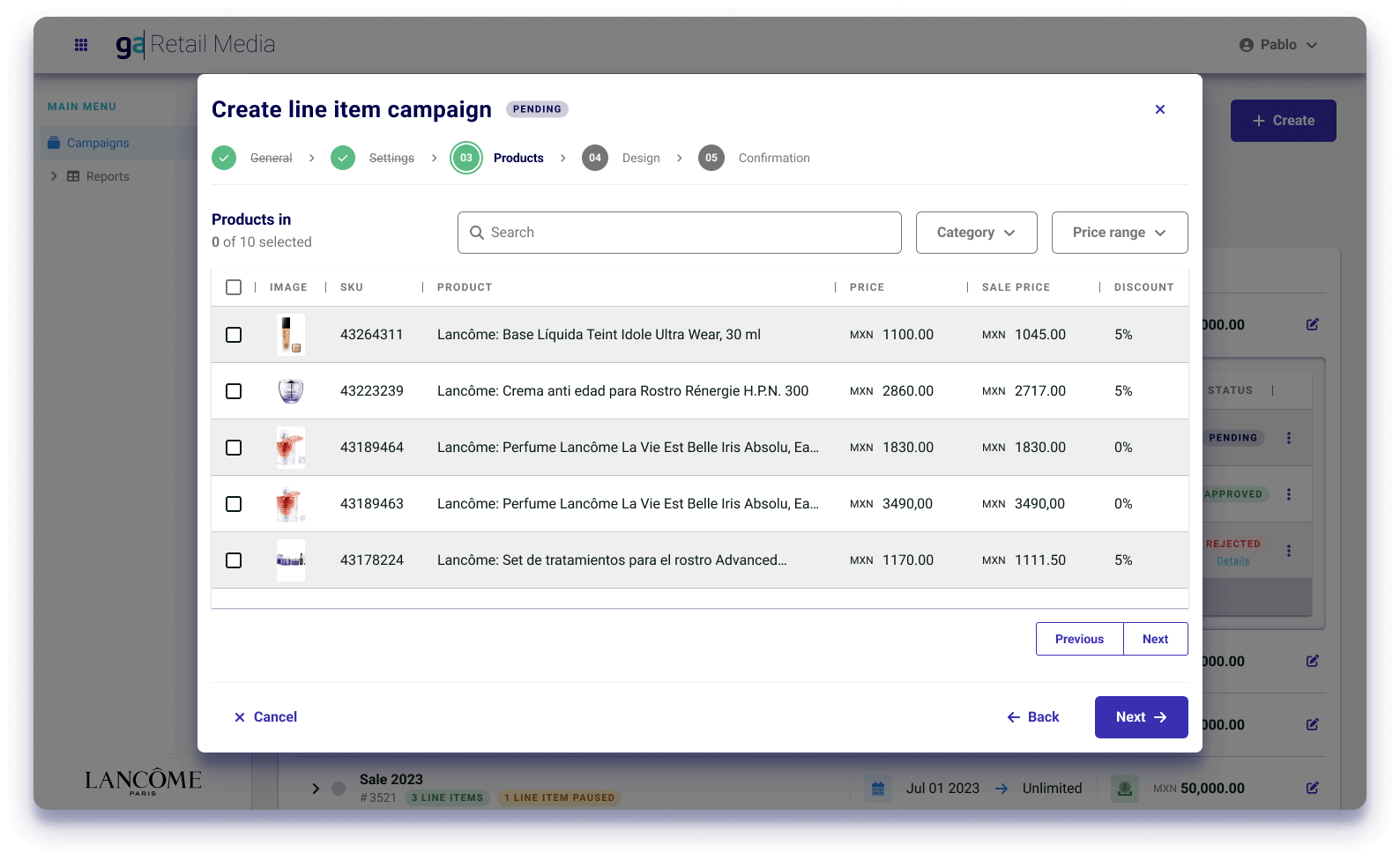 Product selection screen when creating a campaign