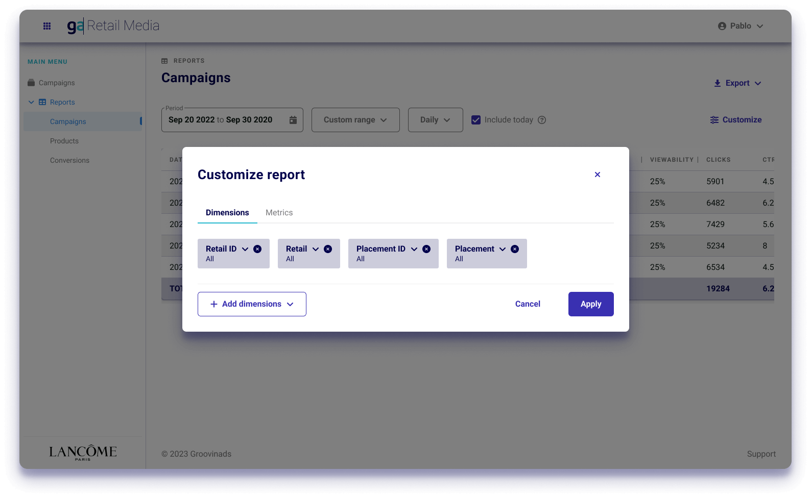 Report customization screen
