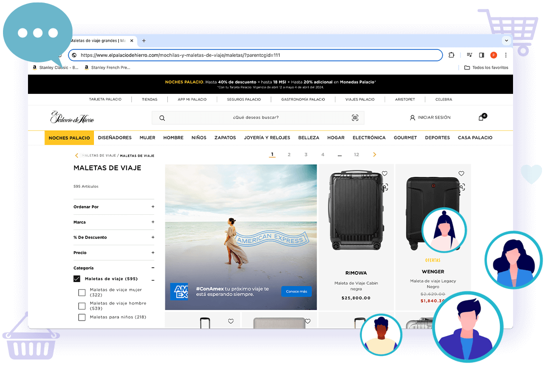 Pantalla de una tienda online comprando maletas junto a una publicidad de American Express y perfiles de usuarios