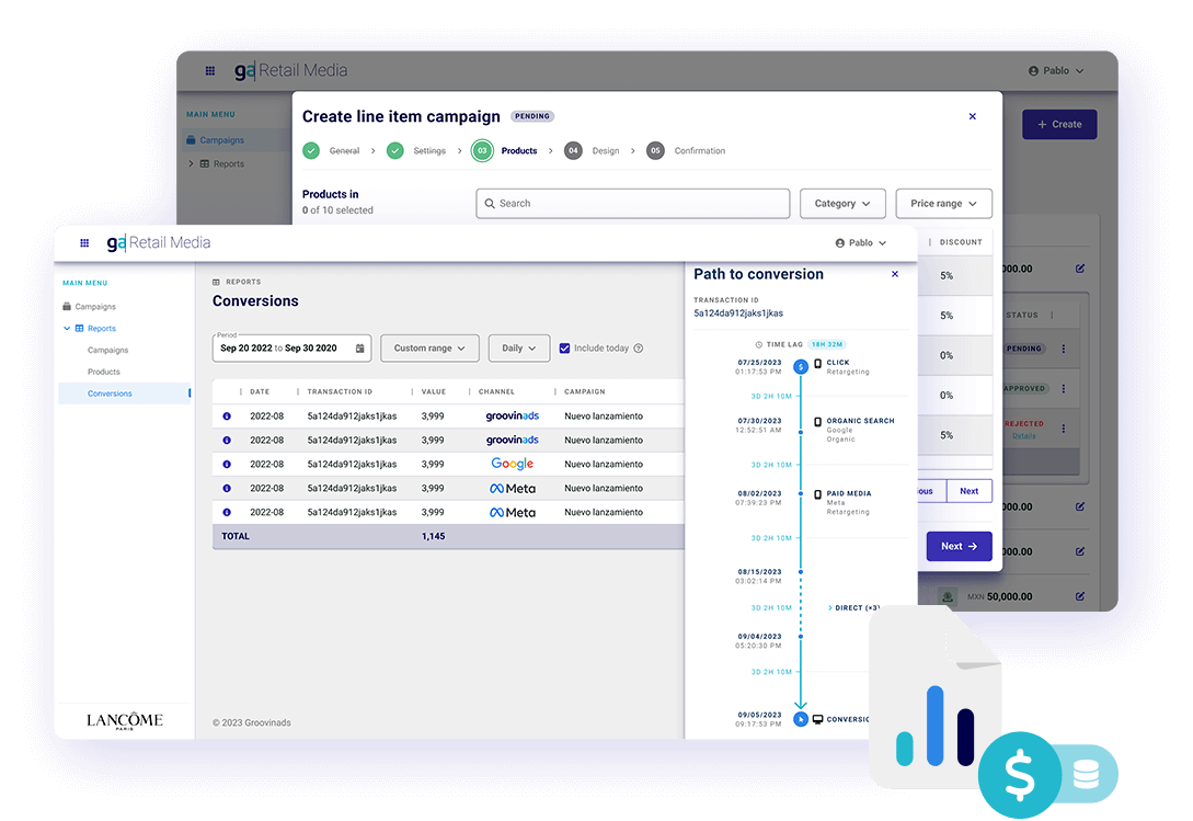 Pantallas de Groovinads Retail Media de creación de campaña y de reportes junto a un icono de reportes